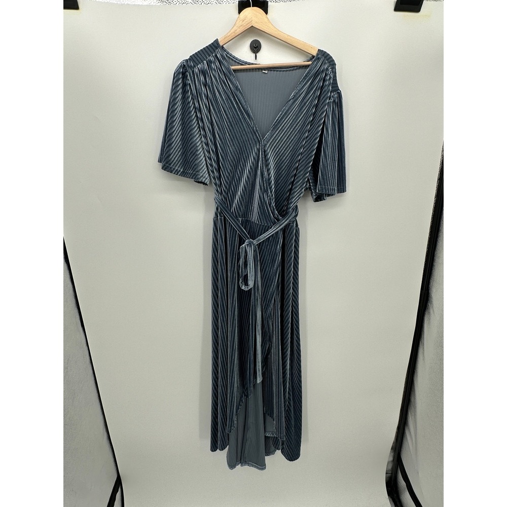 Womens Blue‎ Velvet Striped Wrap Front Maxi Gown Dress Size 3XL Wedding Event